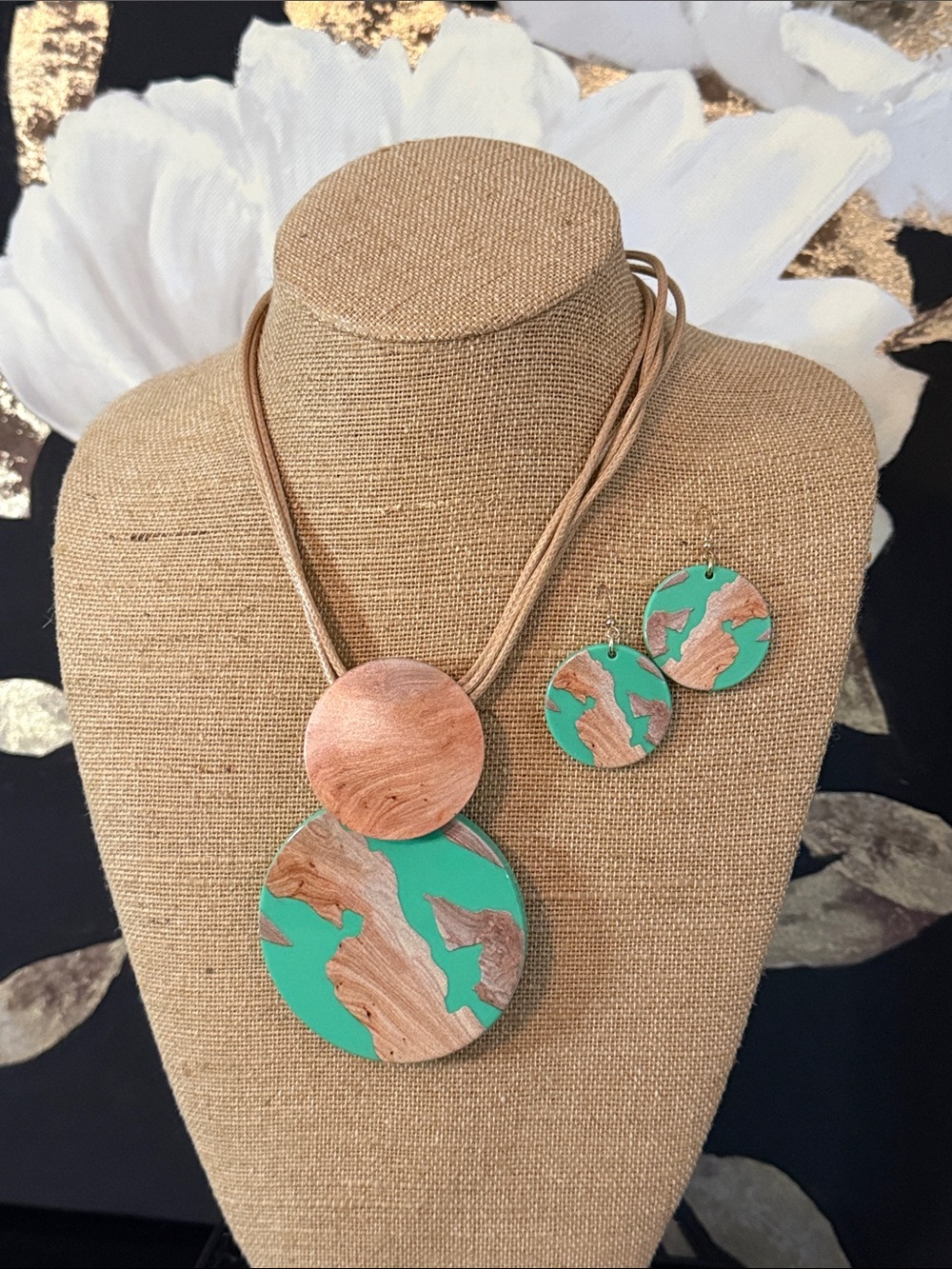 Teal and Wood/Acrylic Disc Necklace & Earring Set